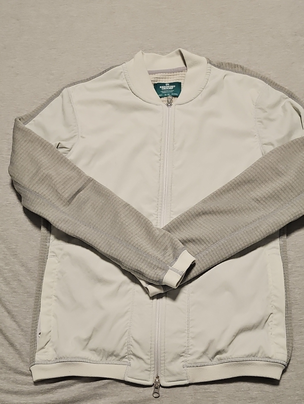 Reigning Champ Off-White Bomber Jacket with Light Gray Sleeves